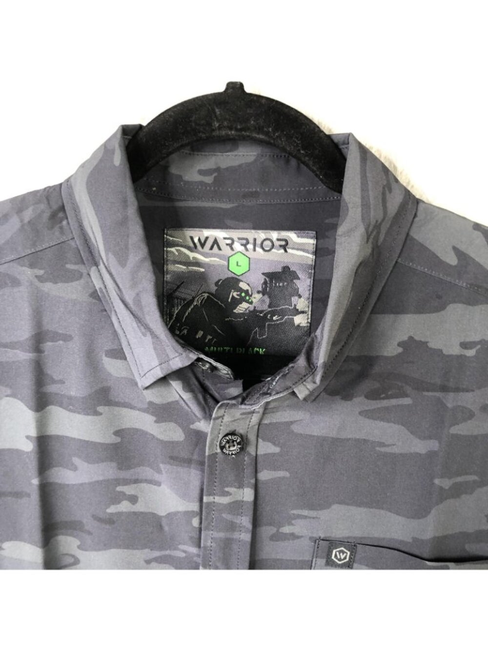 Warrior Mulitblack Shirt Mens Large Camo Button Front Tactical Performance - Picture 7 of 15